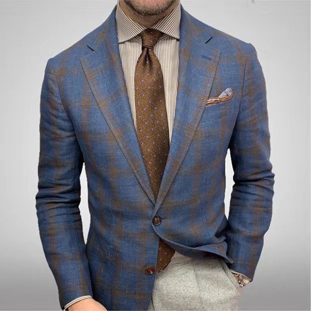 Men's Plaid Blazer Lapel Jacket Business Suit