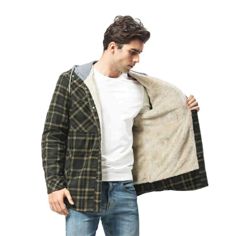 Men's Fleece-Lined Plaid Jacket with Hood