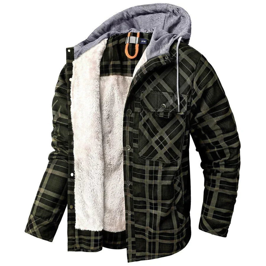 Men's Fleece-Lined Plaid Jacket with Hood