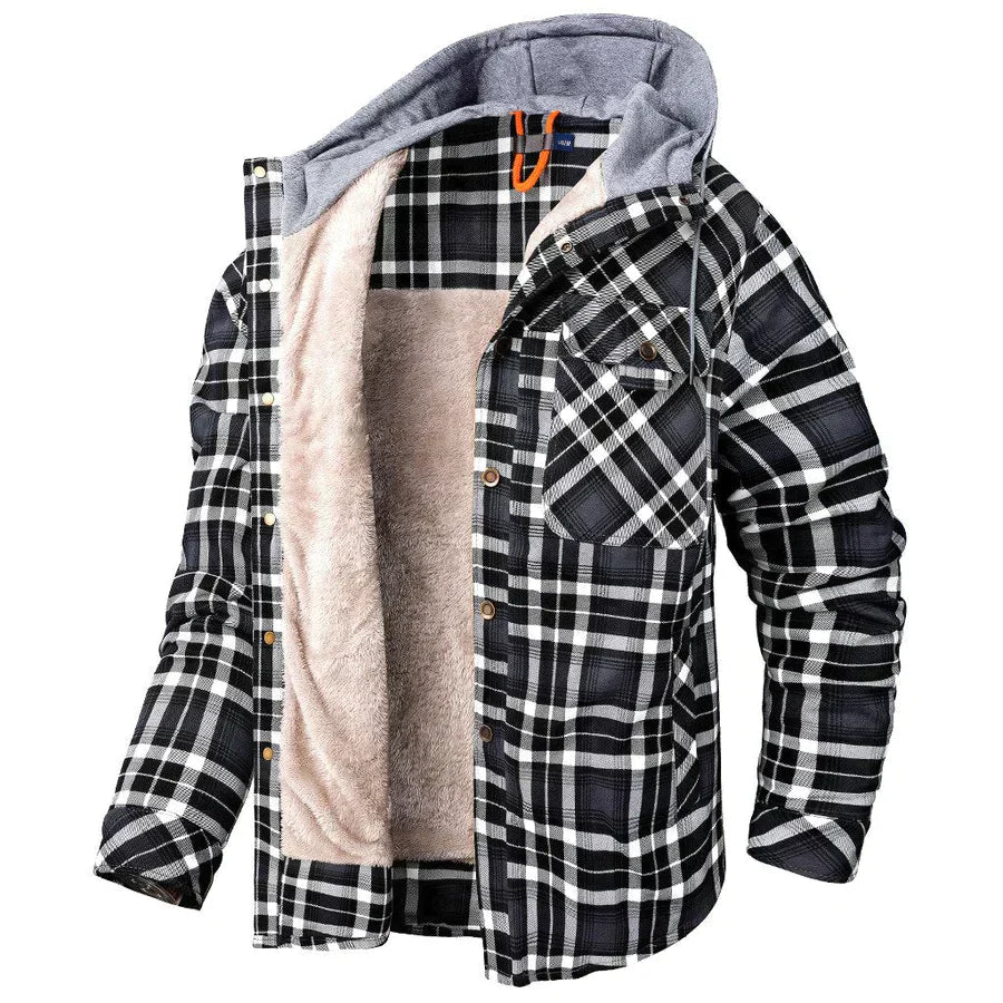 Men's Fleece-Lined Plaid Jacket with Hood