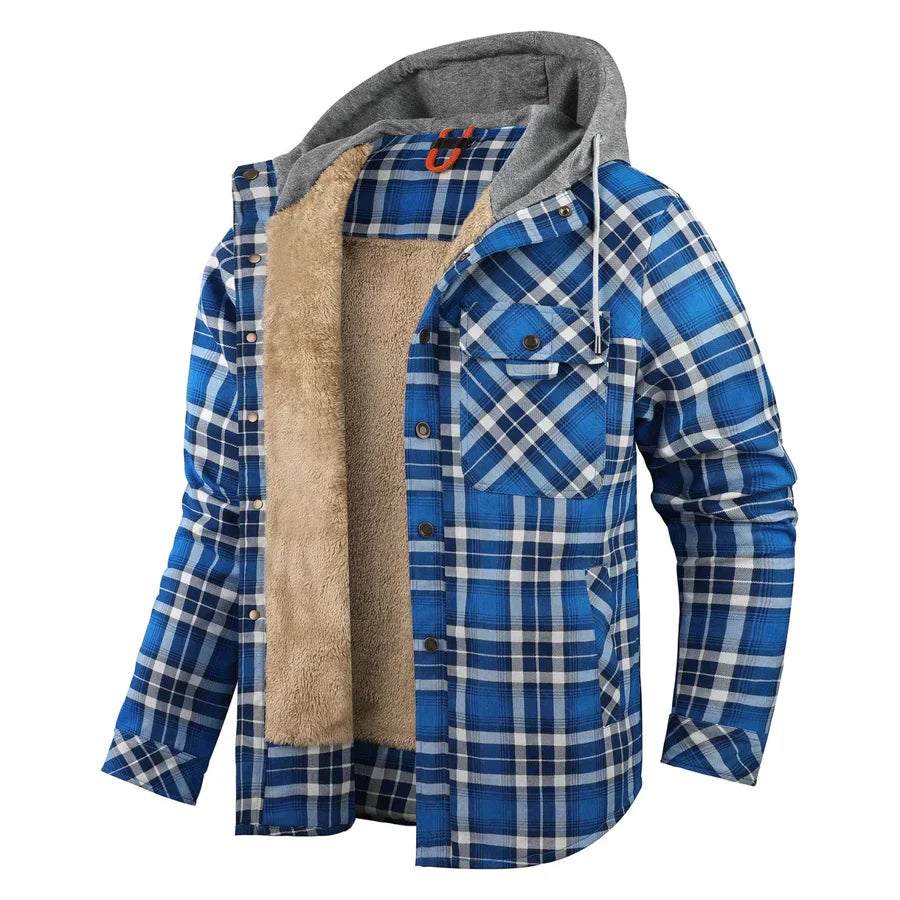 Men's Fleece-Lined Plaid Jacket with Hood